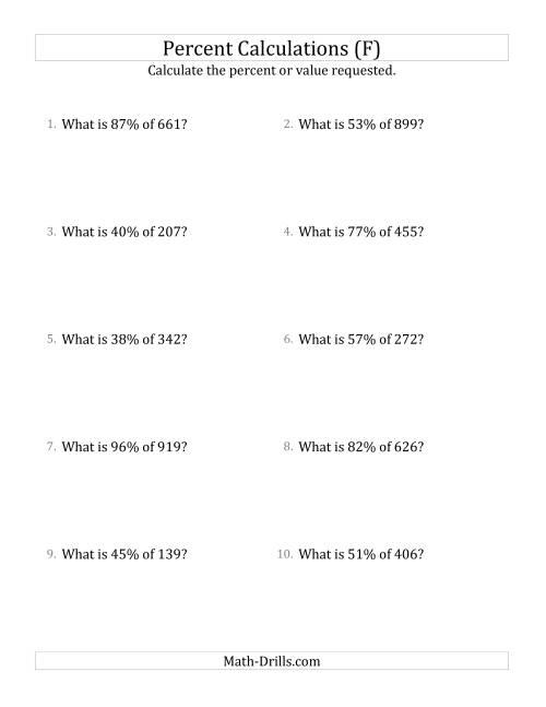 The Calculating the Percent Value of Decimal Amounts and All Percents (F) Math Worksheet