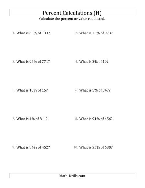 The Calculating the Percent Value of Decimal Amounts and All Percents (H) Math Worksheet