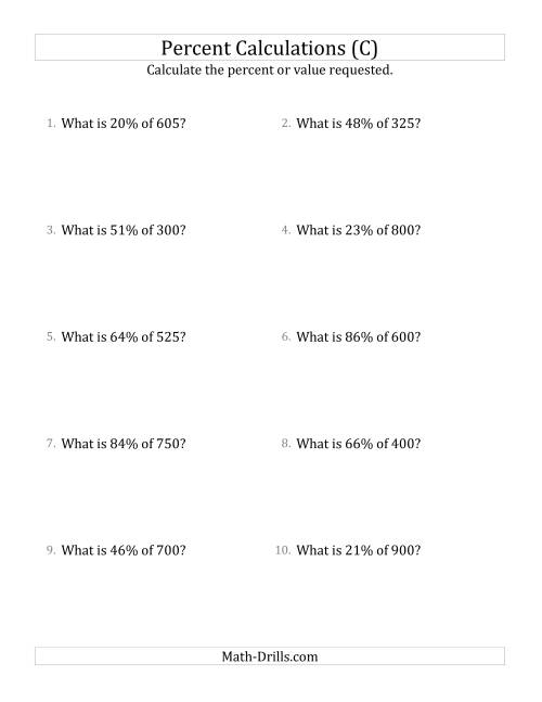 The Calculating the Percent Value of Whole Number Amounts and All Percents (C) Math Worksheet