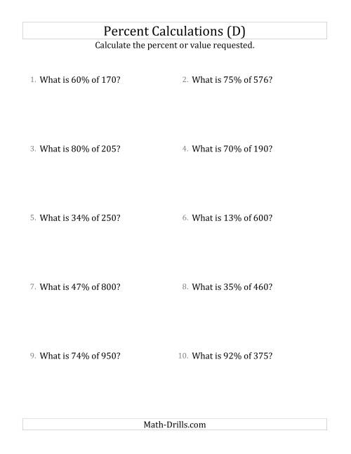 The Calculating the Percent Value of Whole Number Amounts and All Percents (D) Math Worksheet