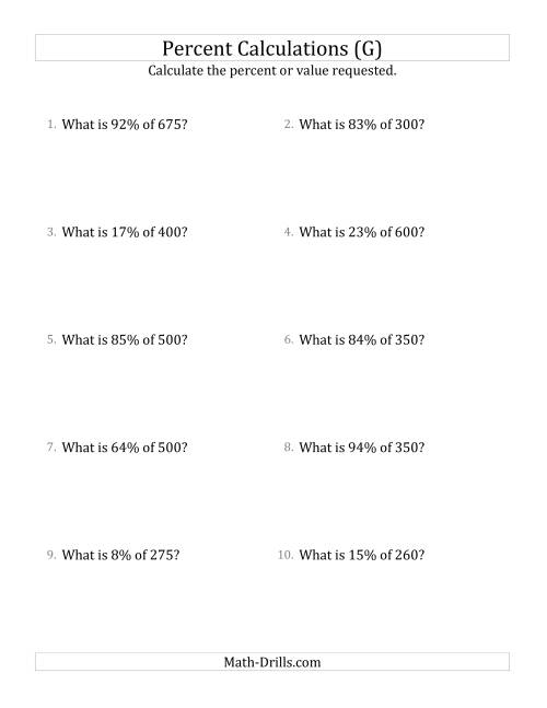 The Calculating the Percent Value of Whole Number Amounts and All Percents (G) Math Worksheet
