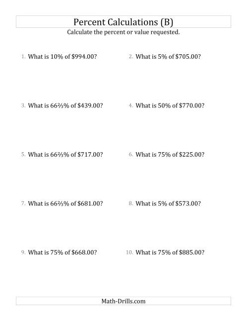 The Calculating the Percent Value of Decimal Currency Amounts and Select Percents (B) Math Worksheet