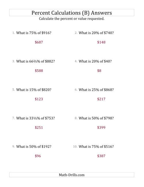 The Calculating the Percent Value of Whole Number Currency Amounts and Select Percents (B) Math Worksheet Page 2