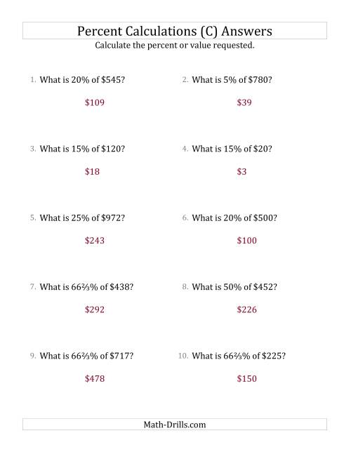 The Calculating the Percent Value of Whole Number Currency Amounts and Select Percents (C) Math Worksheet Page 2