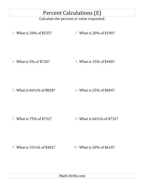 The Calculating the Percent Value of Whole Number Currency Amounts and Select Percents (E) Math Worksheet
