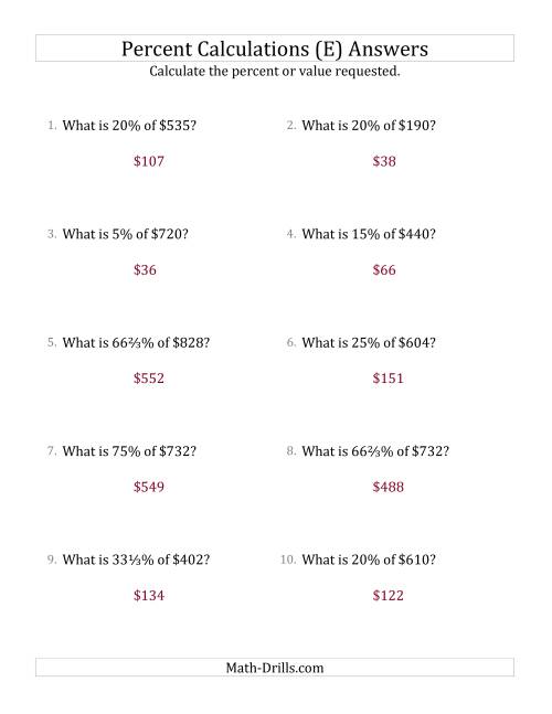 The Calculating the Percent Value of Whole Number Currency Amounts and Select Percents (E) Math Worksheet Page 2