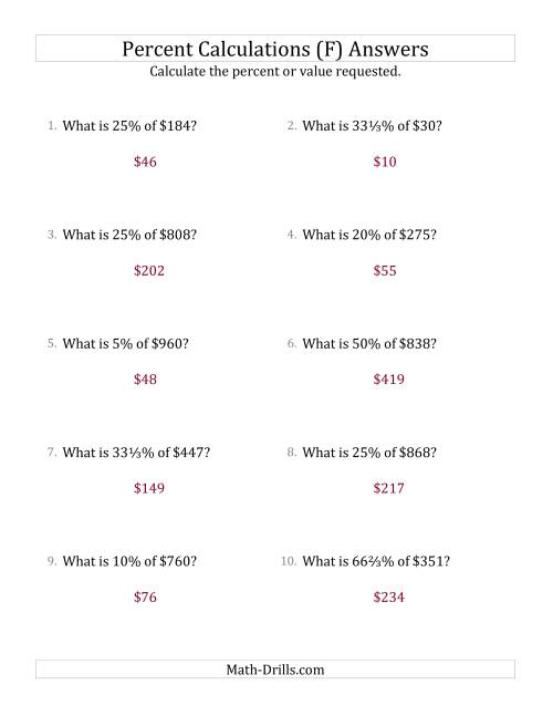 The Calculating the Percent Value of Whole Number Currency Amounts and Select Percents (F) Math Worksheet Page 2