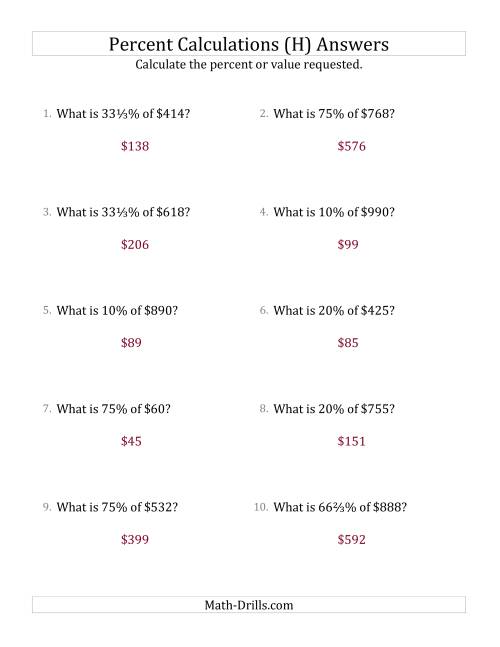 The Calculating the Percent Value of Whole Number Currency Amounts and Select Percents (H) Math Worksheet Page 2