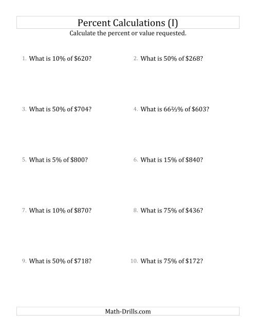 The Calculating the Percent Value of Whole Number Currency Amounts and Select Percents (I) Math Worksheet