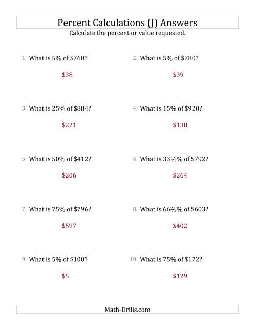 The Calculating the Percent Value of Whole Number Currency Amounts and Select Percents (J) Math Worksheet Page 2