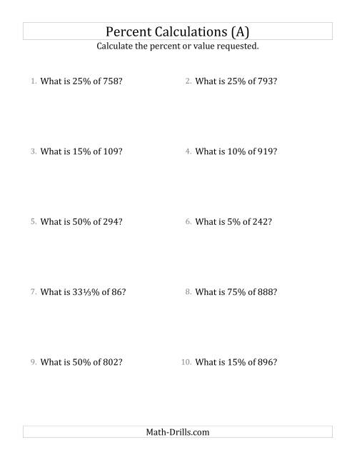 The Calculating the Percent Value of Decimal Amounts and Select Percents (A) Math Worksheet