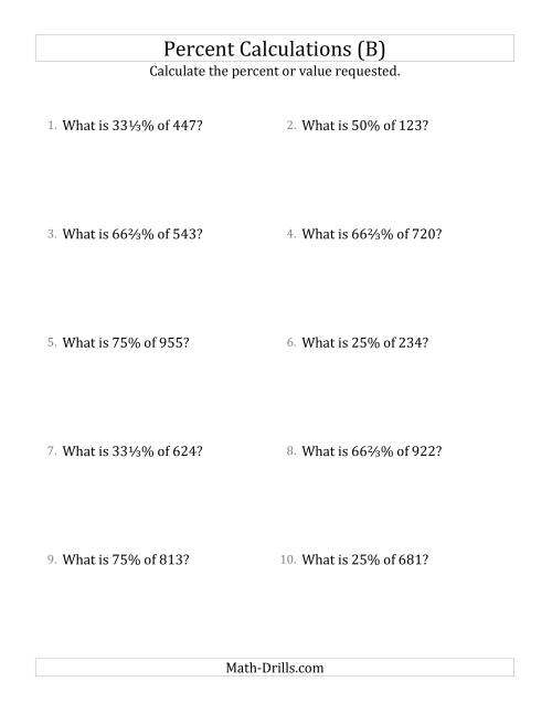 The Calculating the Percent Value of Decimal Amounts and Select Percents (B) Math Worksheet