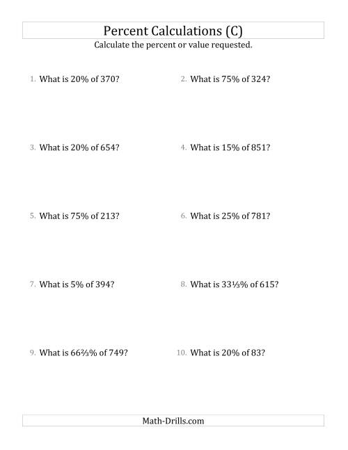 The Calculating the Percent Value of Decimal Amounts and Select Percents (C) Math Worksheet