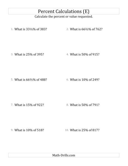 The Calculating the Percent Value of Decimal Amounts and Select Percents (E) Math Worksheet