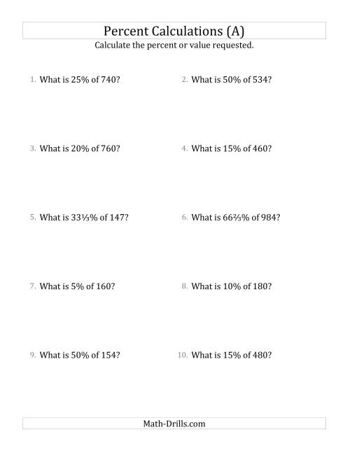 The Calculating the Percent Value of Whole Number Amounts and Select Percents (A) Math Worksheet
