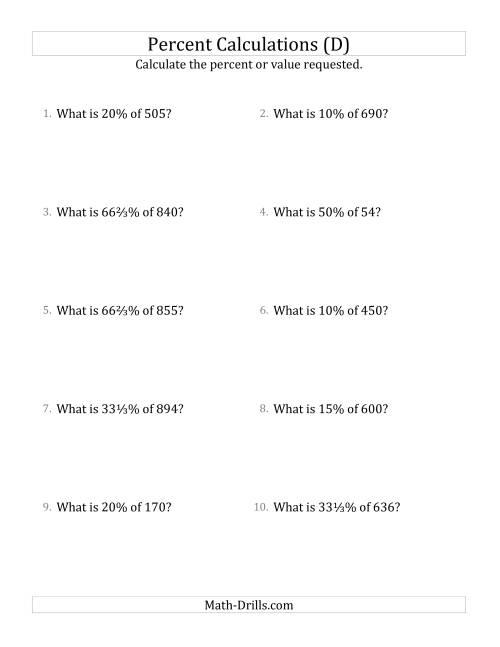 The Calculating the Percent Value of Whole Number Amounts and Select Percents (D) Math Worksheet