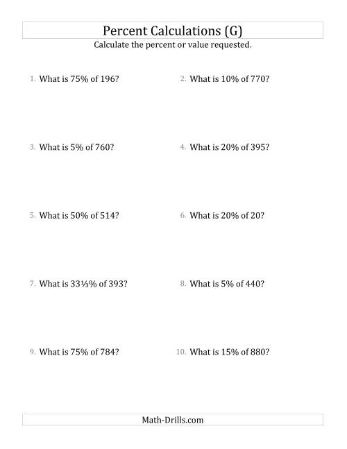 The Calculating the Percent Value of Whole Number Amounts and Select Percents (G) Math Worksheet