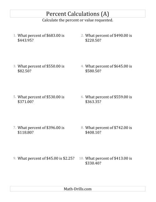 The Calculating the Percent Rate of Decimal Currency Amounts and Multiples of 5 Percents (A) Math Worksheet