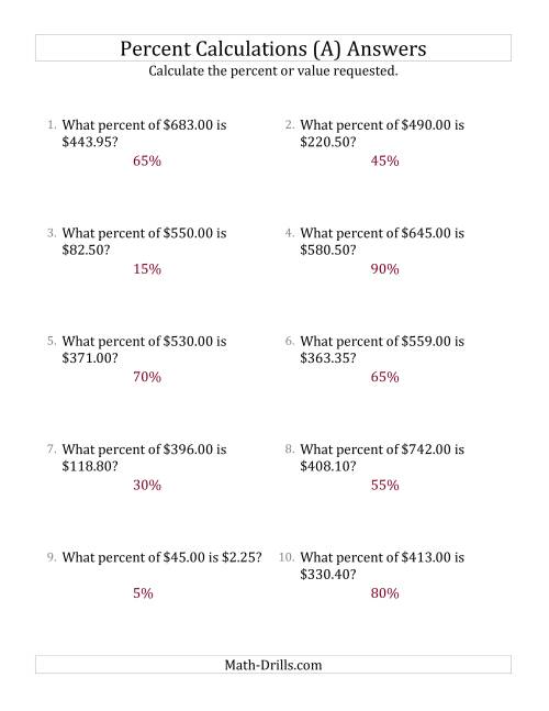 The Calculating the Percent Rate of Decimal Currency Amounts and Multiples of 5 Percents (A) Math Worksheet Page 2