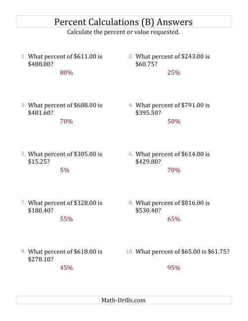 The Calculating the Percent Rate of Decimal Currency Amounts and Multiples of 5 Percents (B) Math Worksheet Page 2