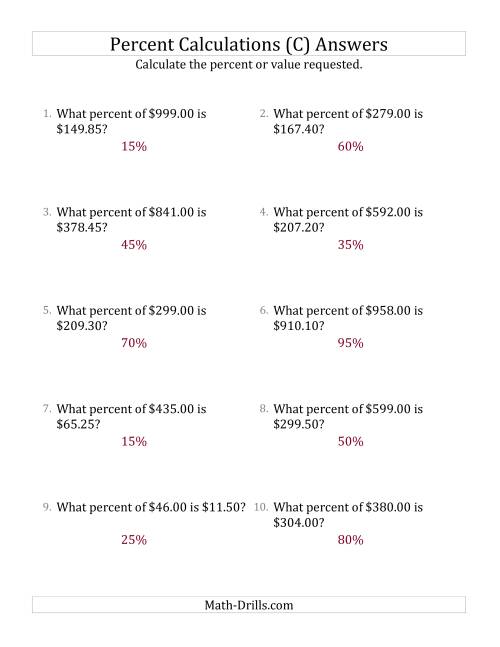 The Calculating the Percent Rate of Decimal Currency Amounts and Multiples of 5 Percents (C) Math Worksheet Page 2