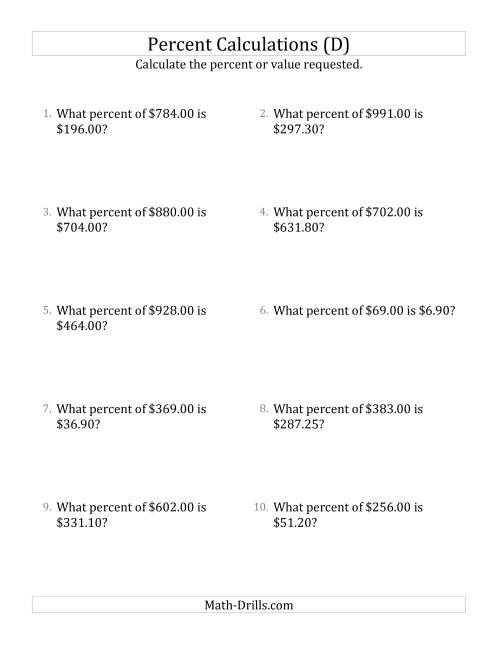 The Calculating the Percent Rate of Decimal Currency Amounts and Multiples of 5 Percents (D) Math Worksheet