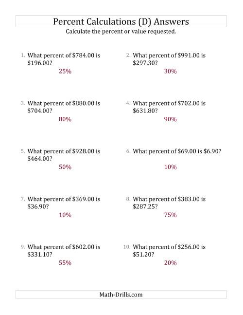 The Calculating the Percent Rate of Decimal Currency Amounts and Multiples of 5 Percents (D) Math Worksheet Page 2