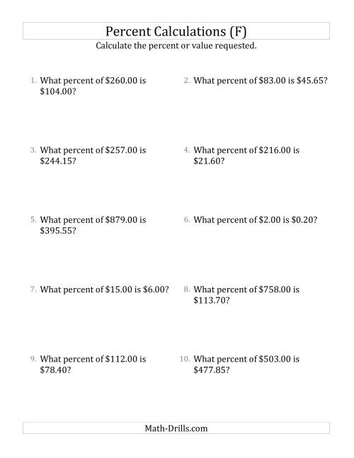 The Calculating the Percent Rate of Decimal Currency Amounts and Multiples of 5 Percents (F) Math Worksheet