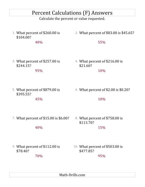 The Calculating the Percent Rate of Decimal Currency Amounts and Multiples of 5 Percents (F) Math Worksheet Page 2