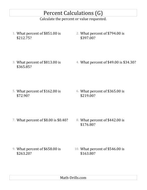 The Calculating the Percent Rate of Decimal Currency Amounts and Multiples of 5 Percents (G) Math Worksheet