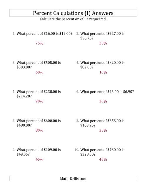 The Calculating the Percent Rate of Decimal Currency Amounts and Multiples of 5 Percents (I) Math Worksheet Page 2
