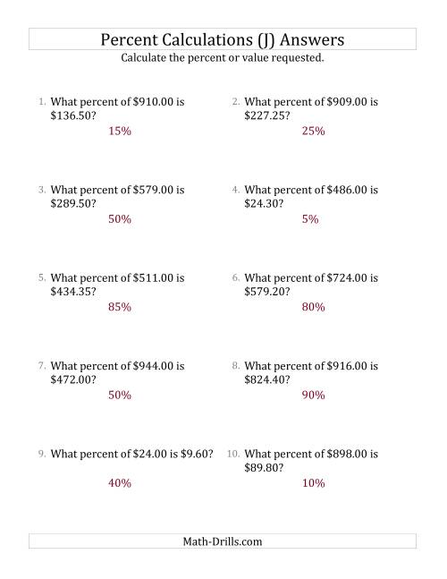 The Calculating the Percent Rate of Decimal Currency Amounts and Multiples of 5 Percents (J) Math Worksheet Page 2