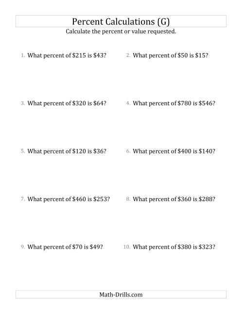 The Calculating the Percent Rate of Whole Number Currency Amounts and Multiples of 5 Percents (G) Math Worksheet