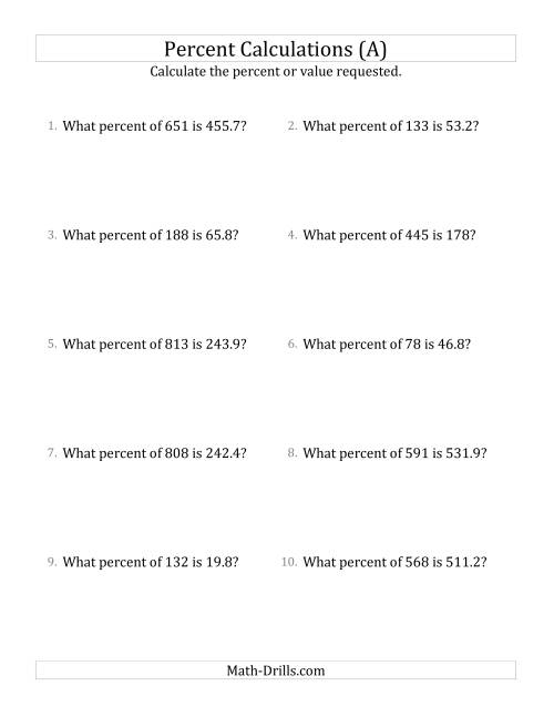 The Calculating the Percent Rate of Decimal Amounts and Multiples of 5 Percents (A) Math Worksheet