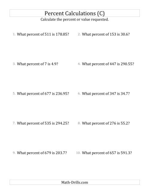 The Calculating the Percent Rate of Decimal Amounts and Multiples of 5 Percents (C) Math Worksheet