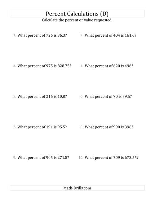 The Calculating the Percent Rate of Decimal Amounts and Multiples of 5 Percents (D) Math Worksheet