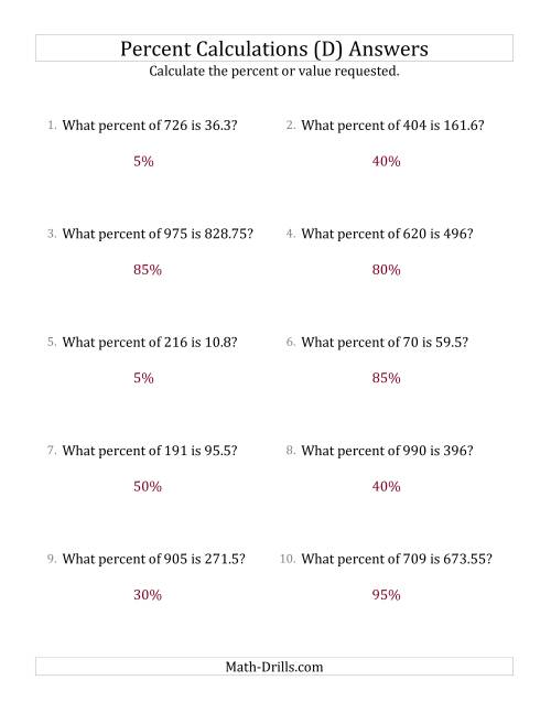 The Calculating the Percent Rate of Decimal Amounts and Multiples of 5 Percents (D) Math Worksheet Page 2