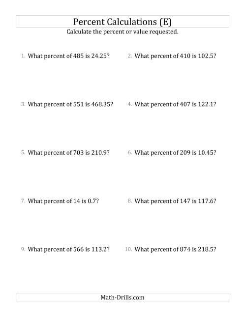 The Calculating the Percent Rate of Decimal Amounts and Multiples of 5 Percents (E) Math Worksheet