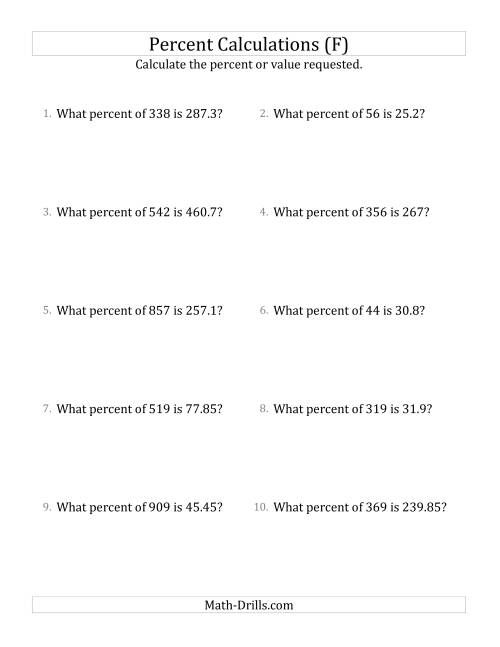 The Calculating the Percent Rate of Decimal Amounts and Multiples of 5 Percents (F) Math Worksheet