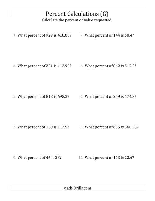 The Calculating the Percent Rate of Decimal Amounts and Multiples of 5 Percents (G) Math Worksheet