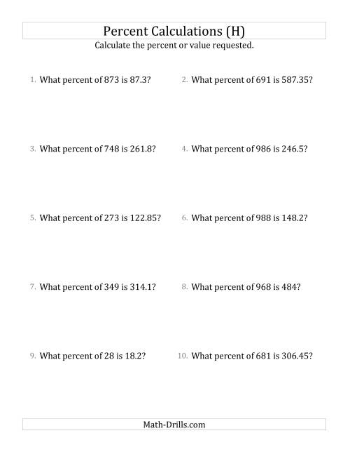 The Calculating the Percent Rate of Decimal Amounts and Multiples of 5 Percents (H) Math Worksheet