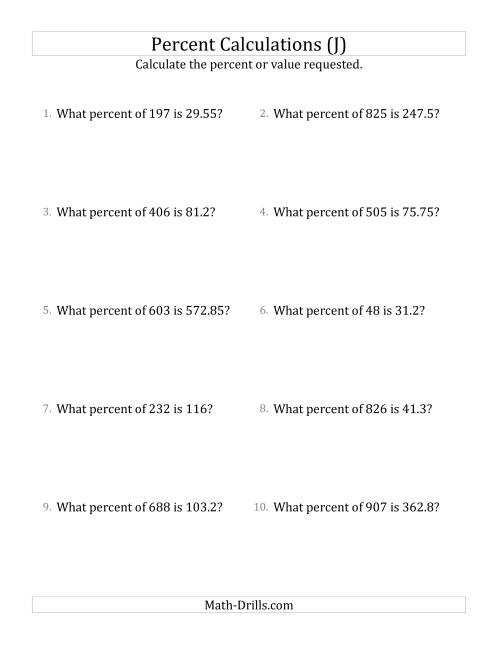 The Calculating the Percent Rate of Decimal Amounts and Multiples of 5 Percents (J) Math Worksheet
