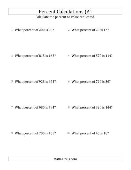 The Calculating the Percent Rate of Whole Number Amounts and Multiples of 5 Percents (A) Math Worksheet