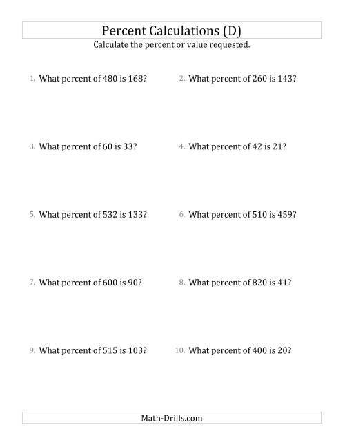 The Calculating the Percent Rate of Whole Number Amounts and Multiples of 5 Percents (D) Math Worksheet