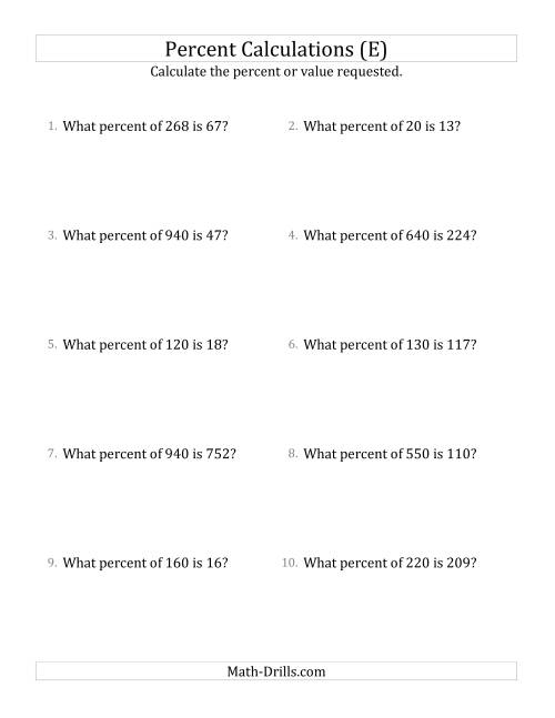 The Calculating the Percent Rate of Whole Number Amounts and Multiples of 5 Percents (E) Math Worksheet