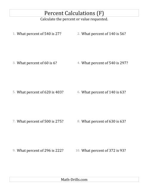 The Calculating the Percent Rate of Whole Number Amounts and Multiples of 5 Percents (F) Math Worksheet