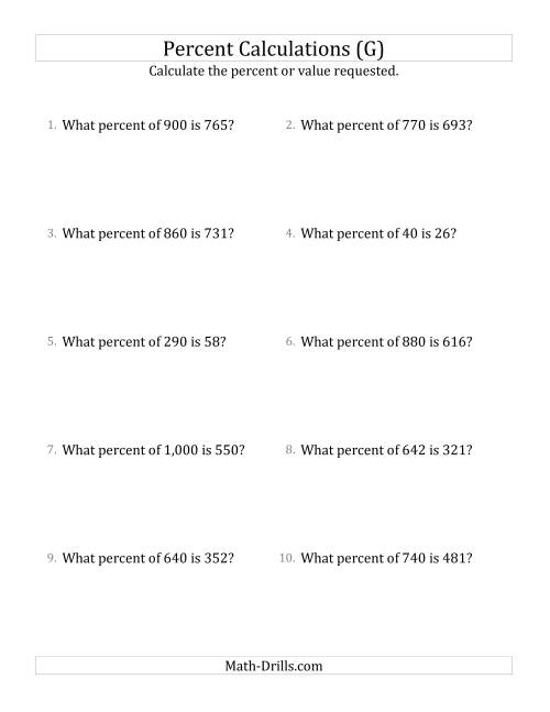 The Calculating the Percent Rate of Whole Number Amounts and Multiples of 5 Percents (G) Math Worksheet