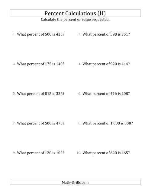 The Calculating the Percent Rate of Whole Number Amounts and Multiples of 5 Percents (H) Math Worksheet