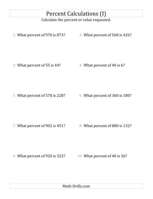 The Calculating the Percent Rate of Whole Number Amounts and Multiples of 5 Percents (I) Math Worksheet