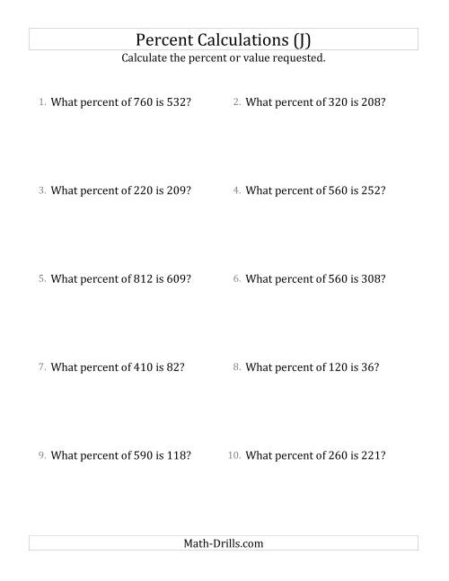 The Calculating the Percent Rate of Whole Number Amounts and Multiples of 5 Percents (J) Math Worksheet